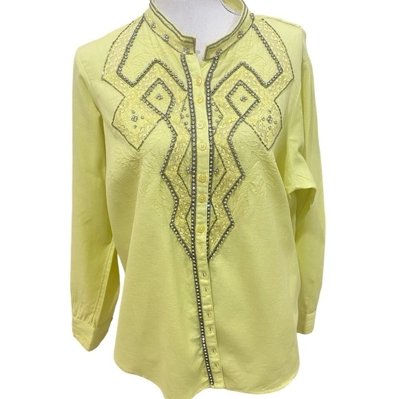 Anthropologie Pilcro Nayeli beaded rhinestone lace linen chartreuse shirt 1x - Picture 2 of 15